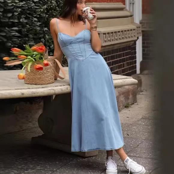 Women Denim Dressess Sexy Backless Sleeveless WaistCinching Bodycon Long Dress